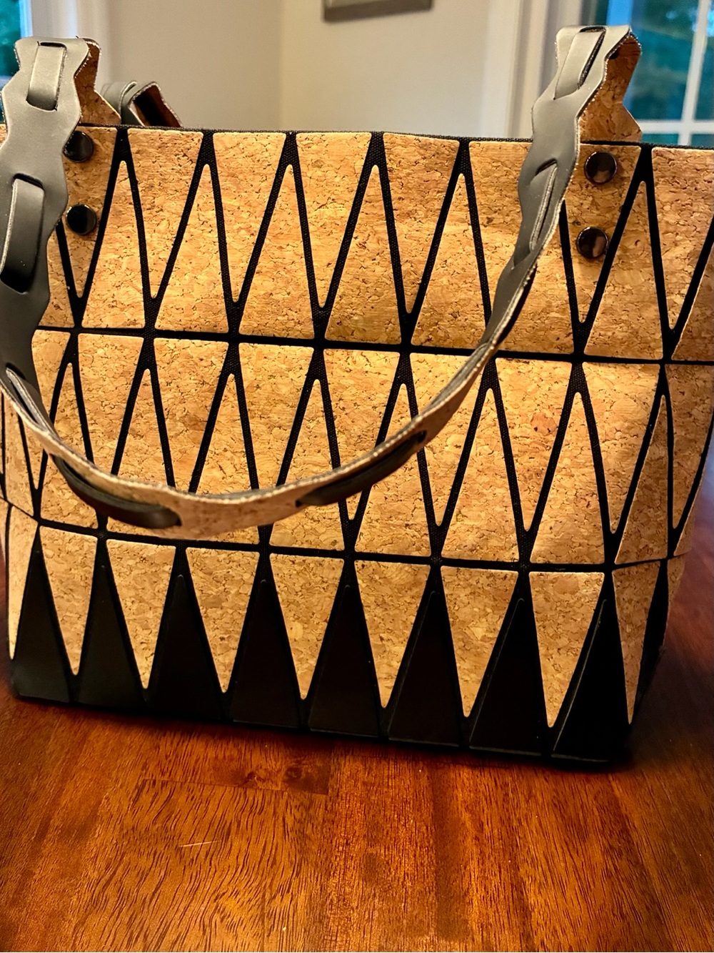 Geometric Cork & Black Vegan Leather Shoulder Tote Bag Zip Top